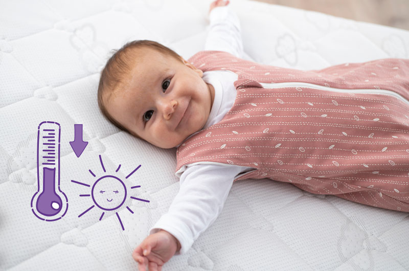 Baby im GOTS zertifizierten Schlafsack mit gezeichnetem Thermometer Baby im GOTS zertifizierten Schlafsack mit gezeichnetem Thermometer
