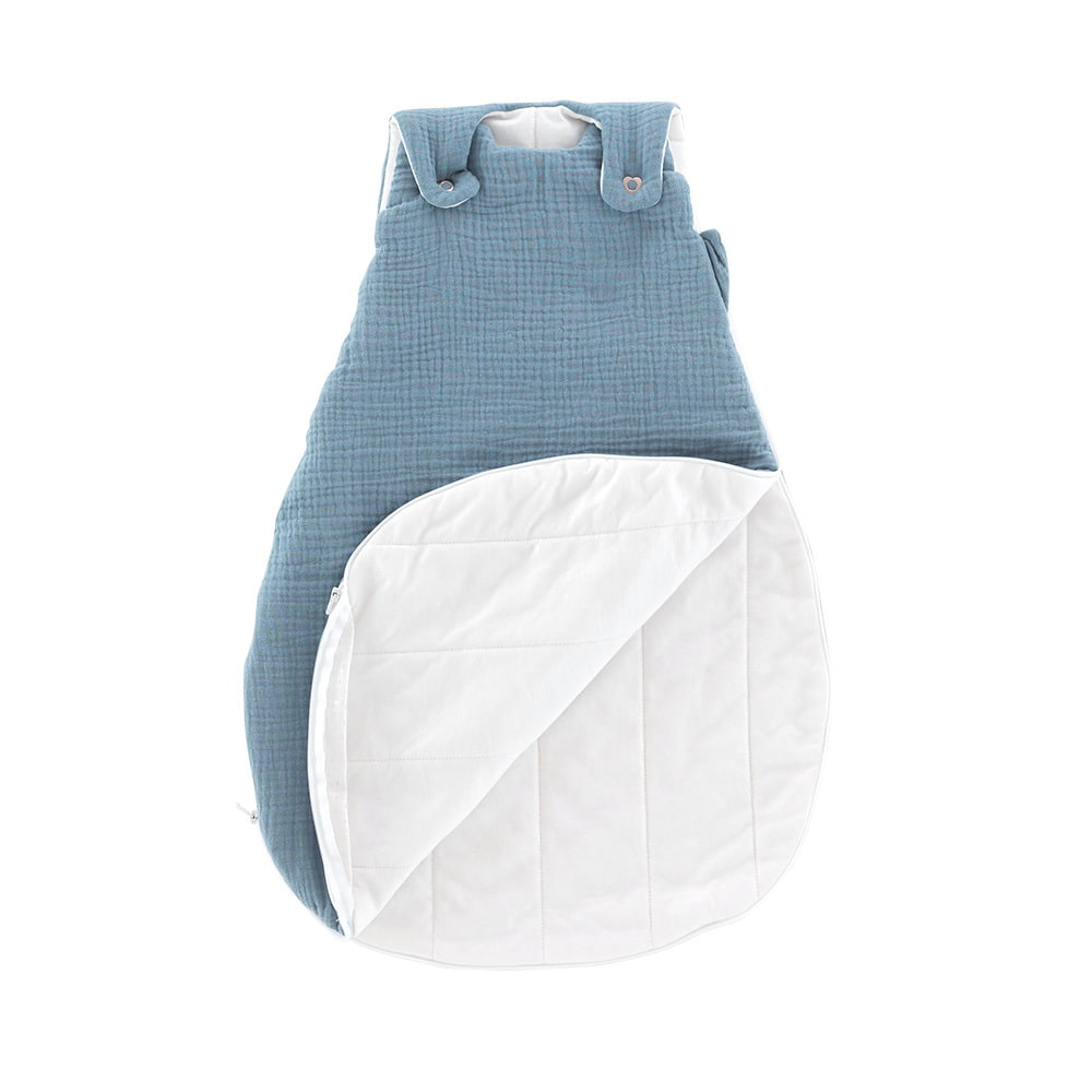 All-year sleeping bag in cotton muslin light blue unfolded