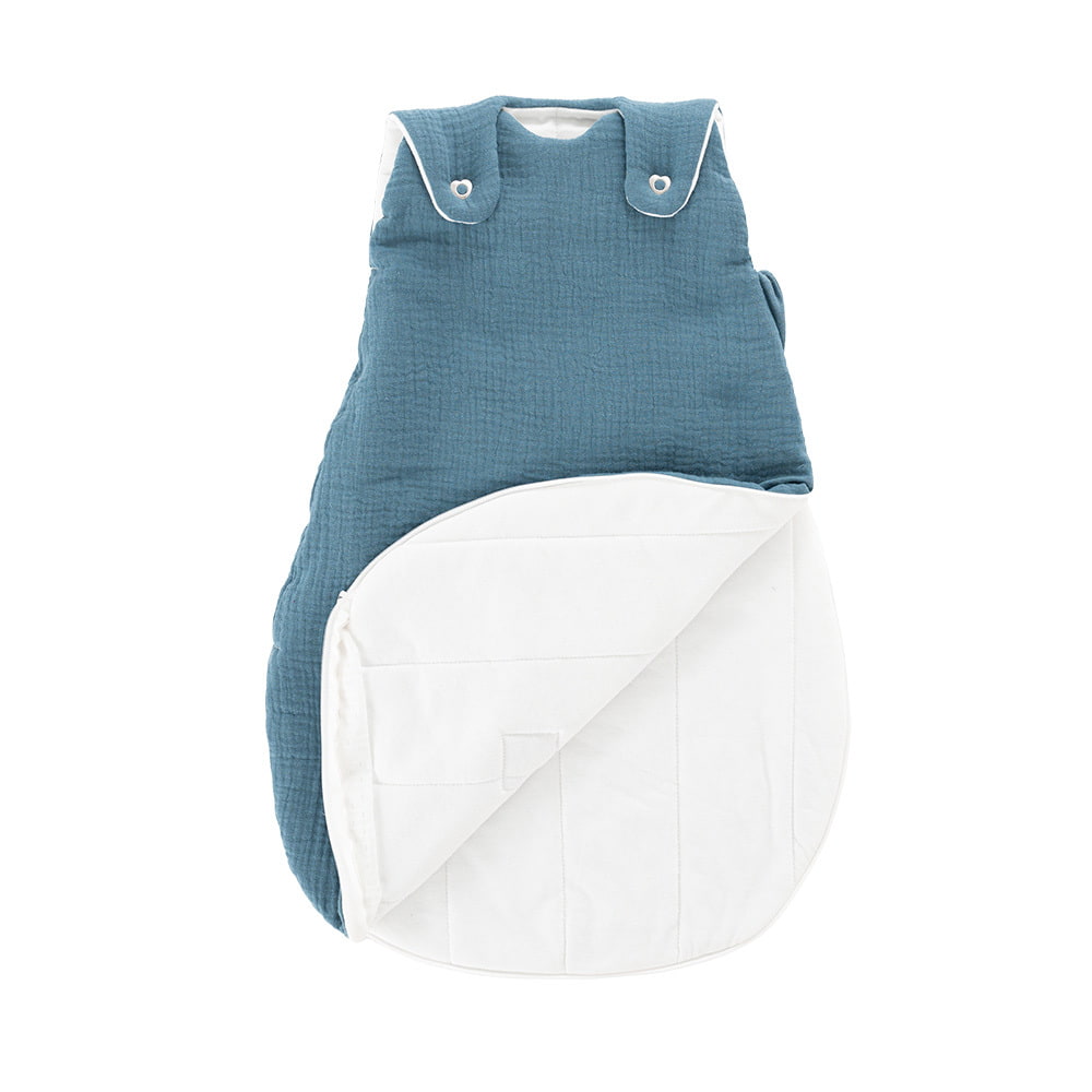 Ganzjahresschlafsack jeansblau aufgeklappt
