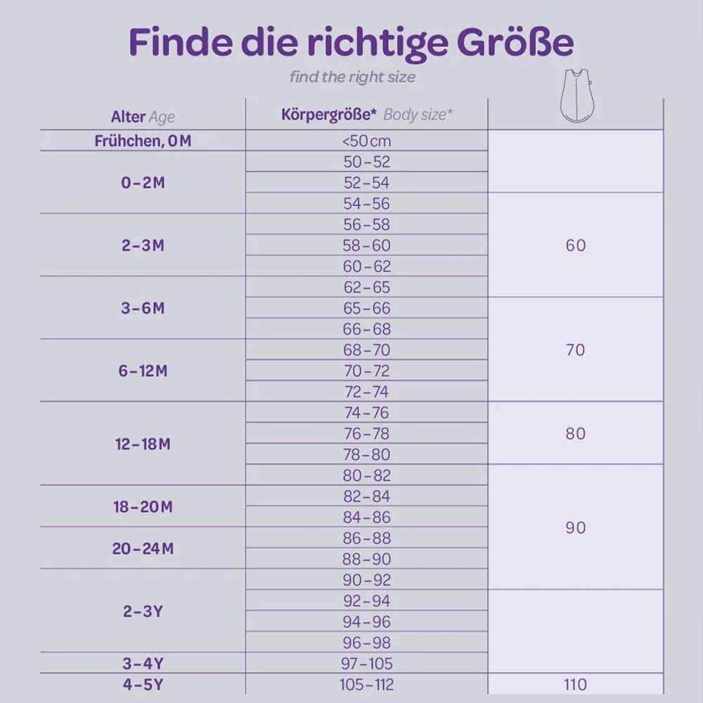 Summer-sleeping-bag baby size chart