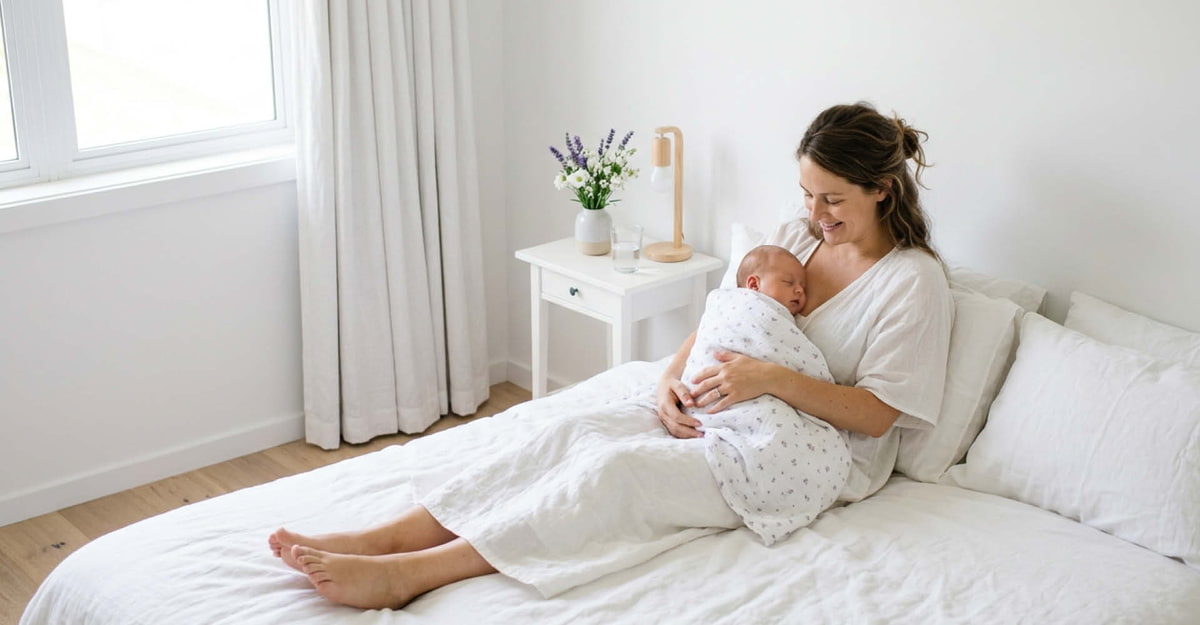 Madre puérpera con su bebé traeumeland-weekbed-mamá-bebé-dormitorio