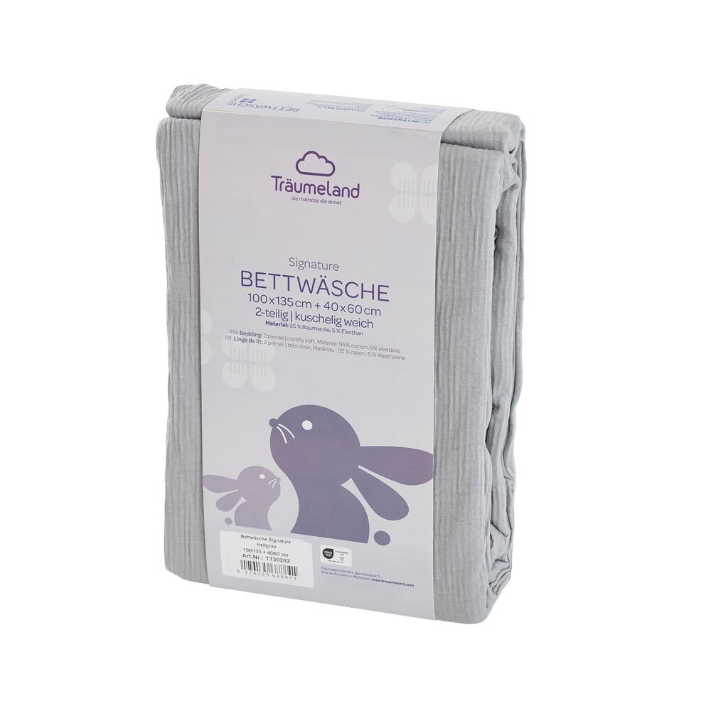 Signature light gray bed linen packaging